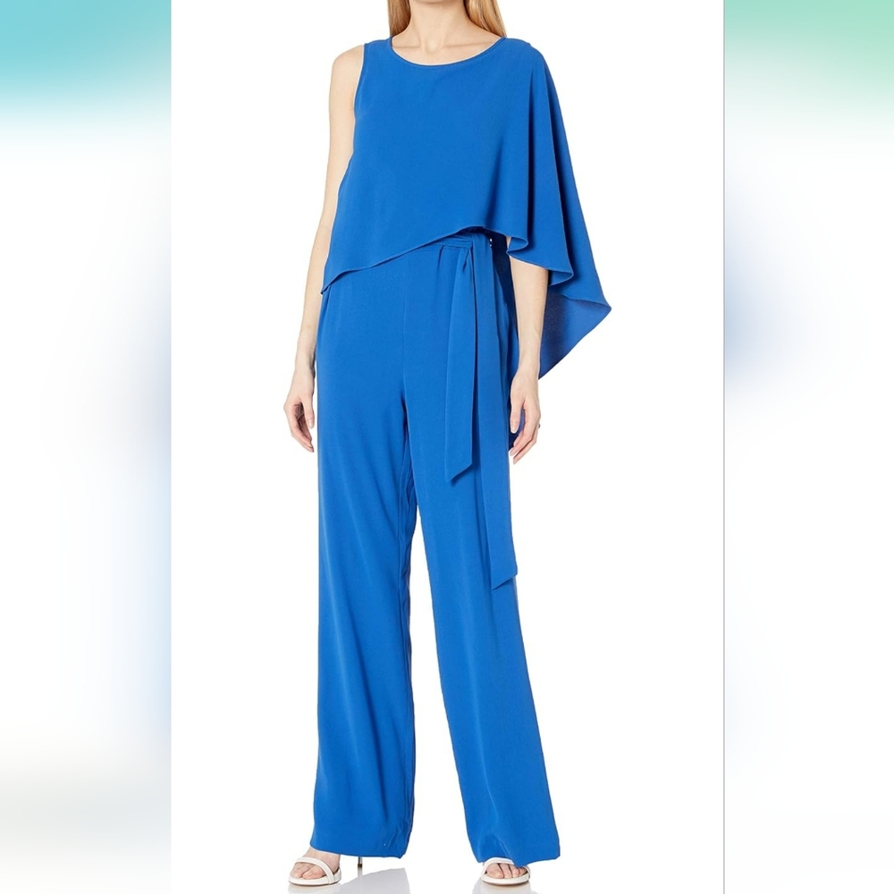 Halston Asymmetric Cape Overlay Drapey Crepe Jumpsuit, size 6